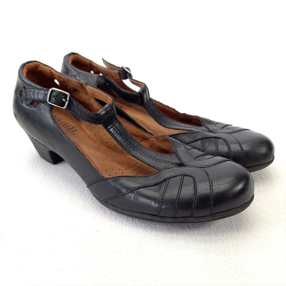 Cobb Hill Black Leather T-Strap Pumps Vintage Style Low Stacked Heel Size 10